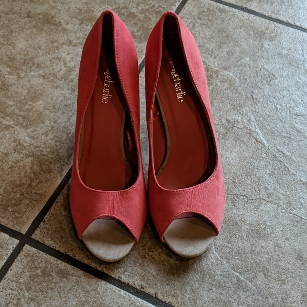 Charming Charlie coral suede peeptoe high heels 10 - Picture 8 of 11